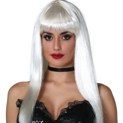 Long wig straight hair white with fringe